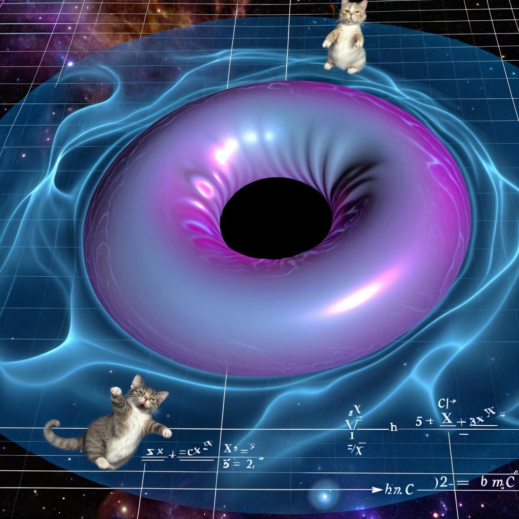 Whimsical Space Scene with Colorful Black Hole and Kittens