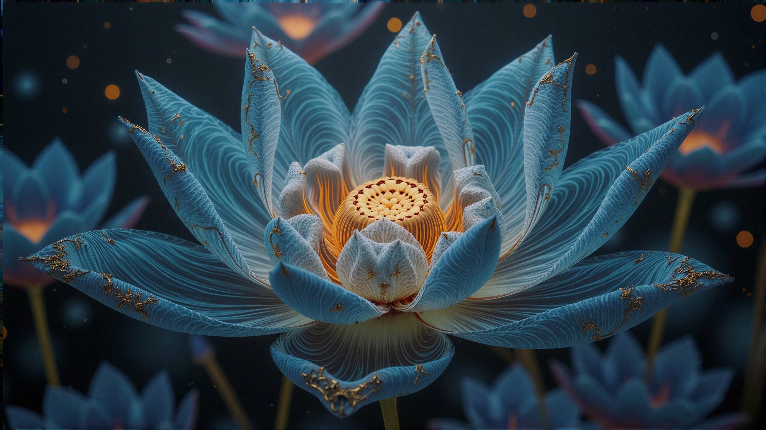 Lotus Flowers in Dark Setting with Light Orbs