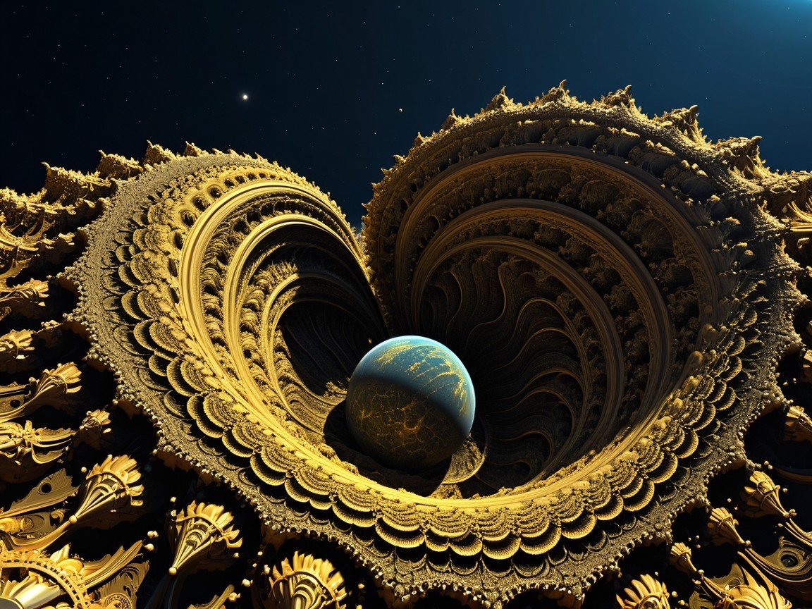Fractal Landscape with Golden Patterns and Celestial Glow