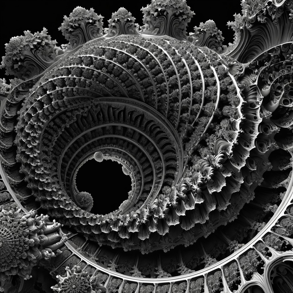 Intricate Black and White Fractal Design with Spirals