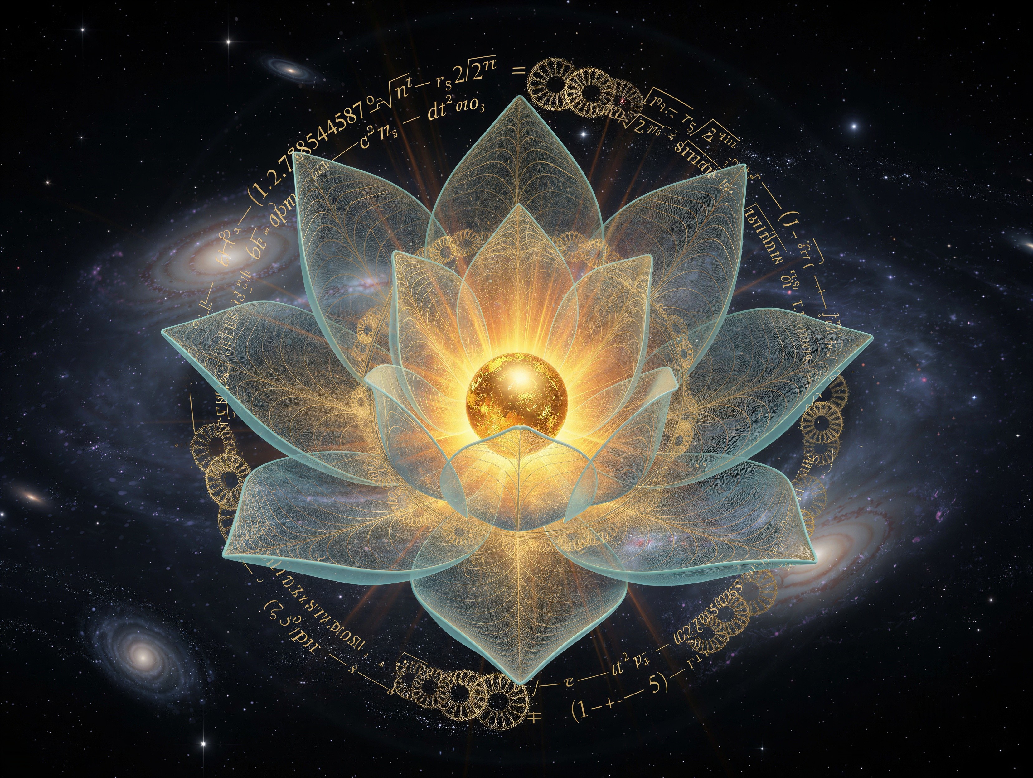 Cosmic Lotus Flower Surrounded by Golden Gears and Equations