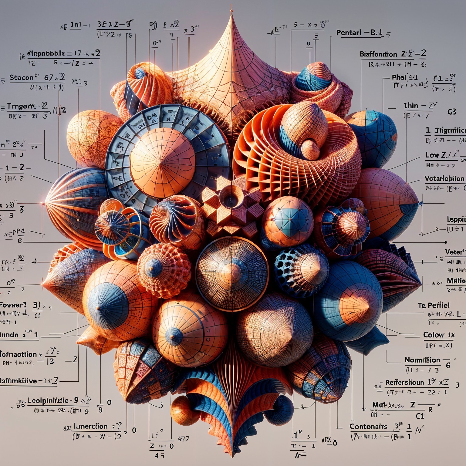 Abstract Structure of Shells and Spirals in Warm Hues