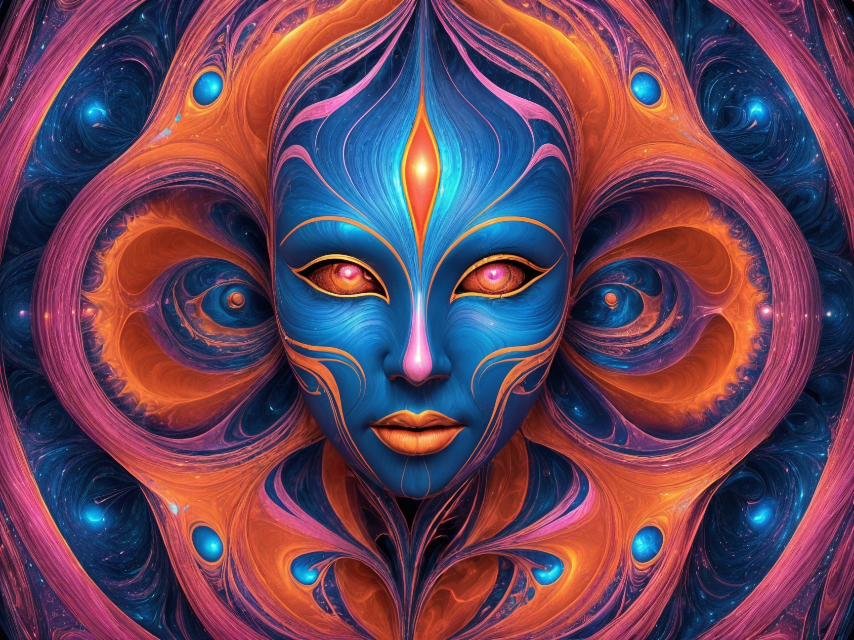 Radiant Stylized Face with Blue Skin and Cosmic Patterns