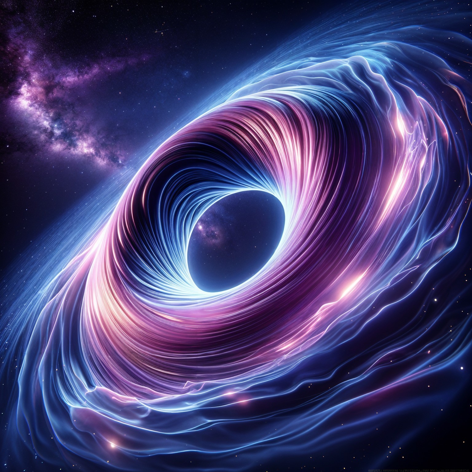 Swirling Black Hole Surrounded by Vibrant Cosmic Colors