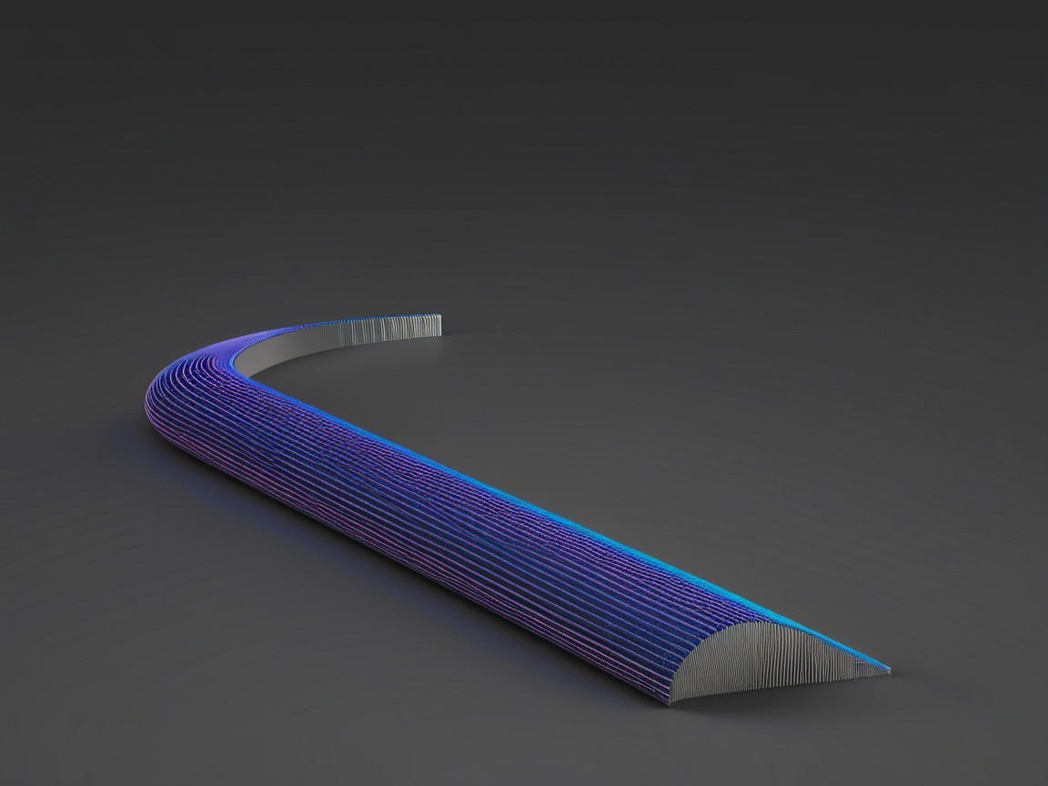 Sleek Curved Metallic Object with Blue and Purple Lines