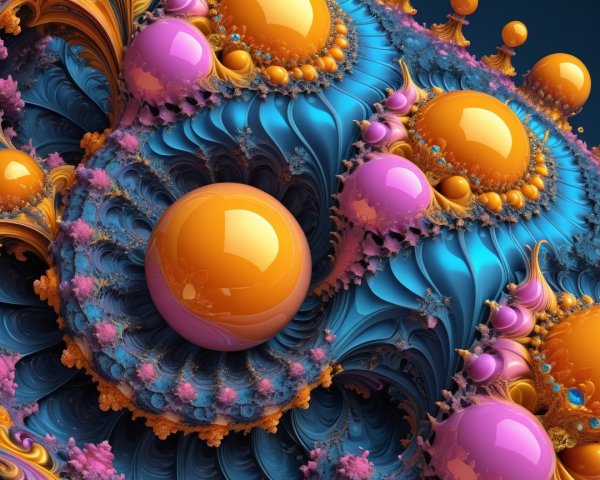 Vibrant Fractal Art with Blue Swirls and Colorful Spheres