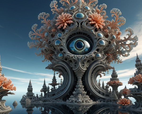 Surreal Landscape with Ornate Tree Structure and Towers