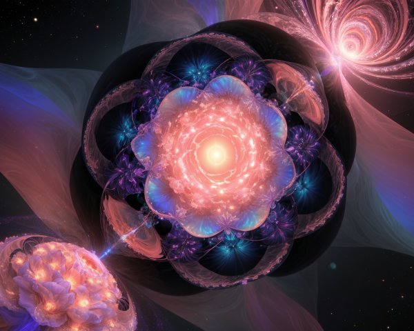 Vibrant Cosmic Scene with Floral Structure and Nebulas