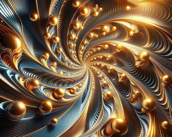 Spiral Pattern of Gold and Blue Lines with Spheres