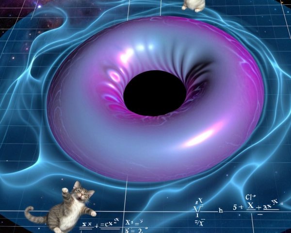 Whimsical Space Scene with Colorful Black Hole and Kittens