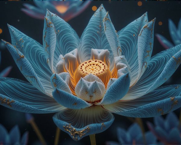 Lotus Flowers in Dark Setting with Light Orbs