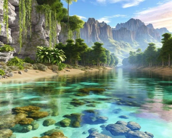 Serene Landscape with Winding River and Cliffs
