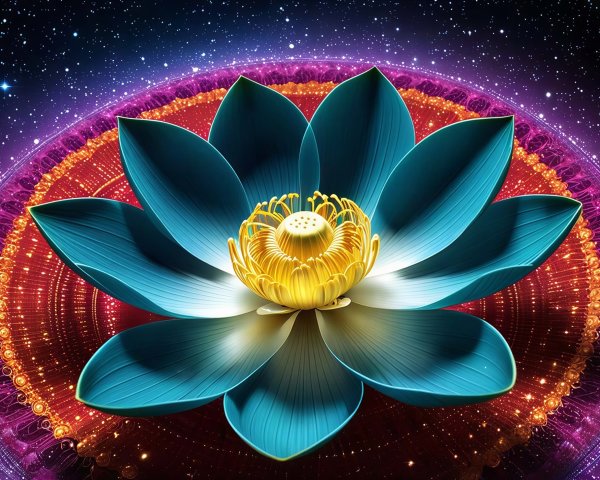 Teal Lotus on Vibrant Mandala with Galaxy Background