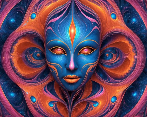 Radiant Stylized Face with Blue Skin and Cosmic Patterns