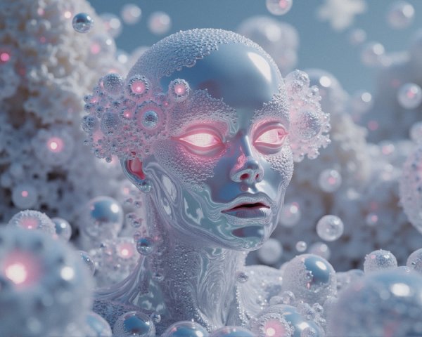 Futuristic Surreal Figure with Glossy Bubbles and Orbs