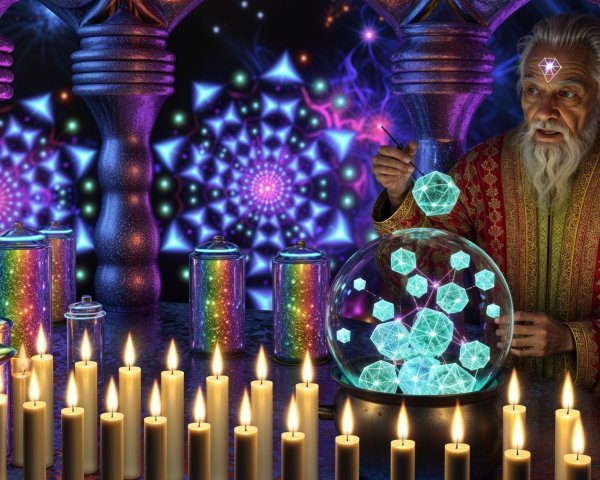 Ancient wizard manipulating glowing shapes in a mystical setting