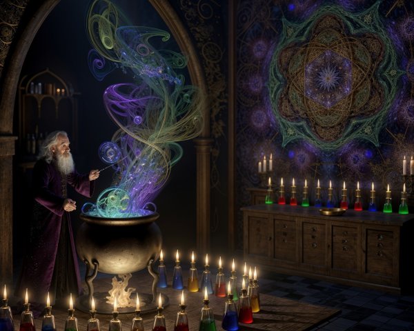 Mystical Wizard in Chamber with Colorful Cauldron