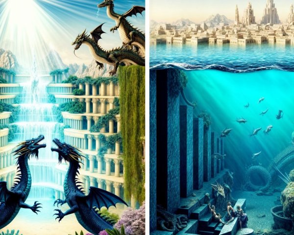 Dragons and Underwater Ruins in Vibrant Landscapes