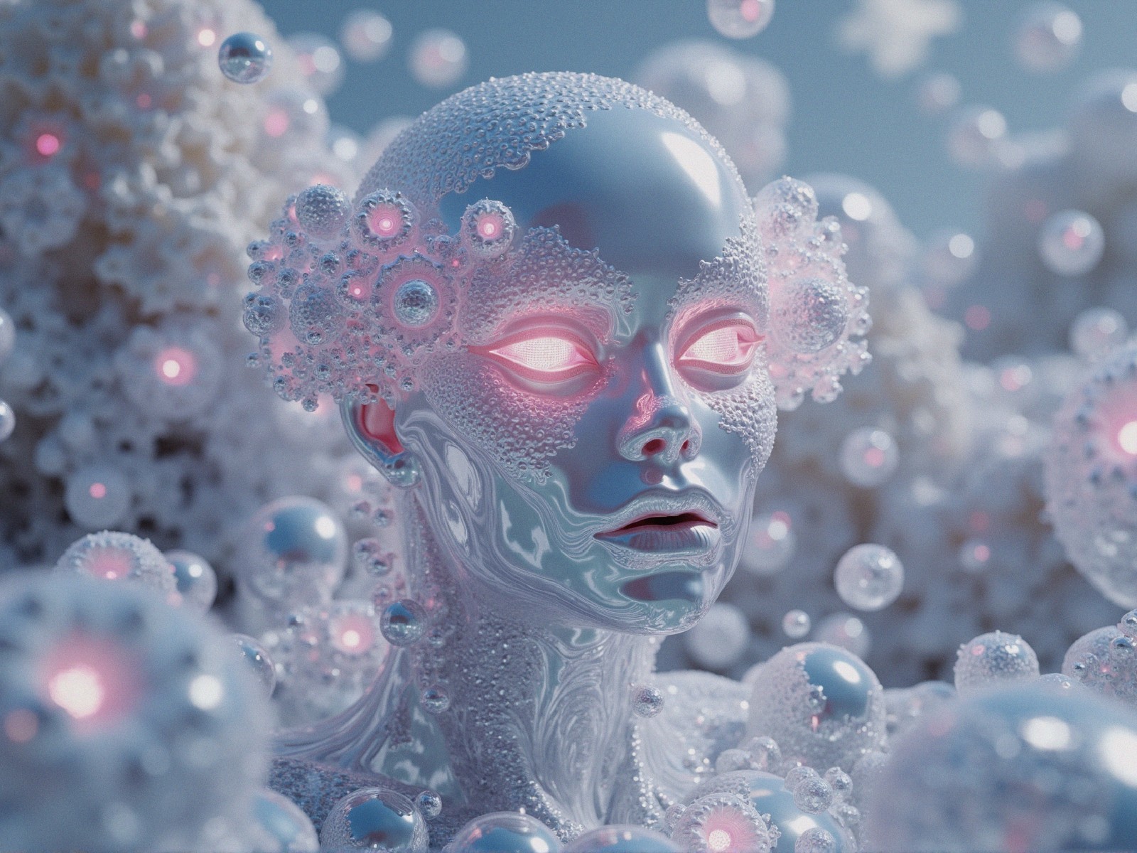 Futuristic Surreal Figure with Glossy Bubbles and Orbs