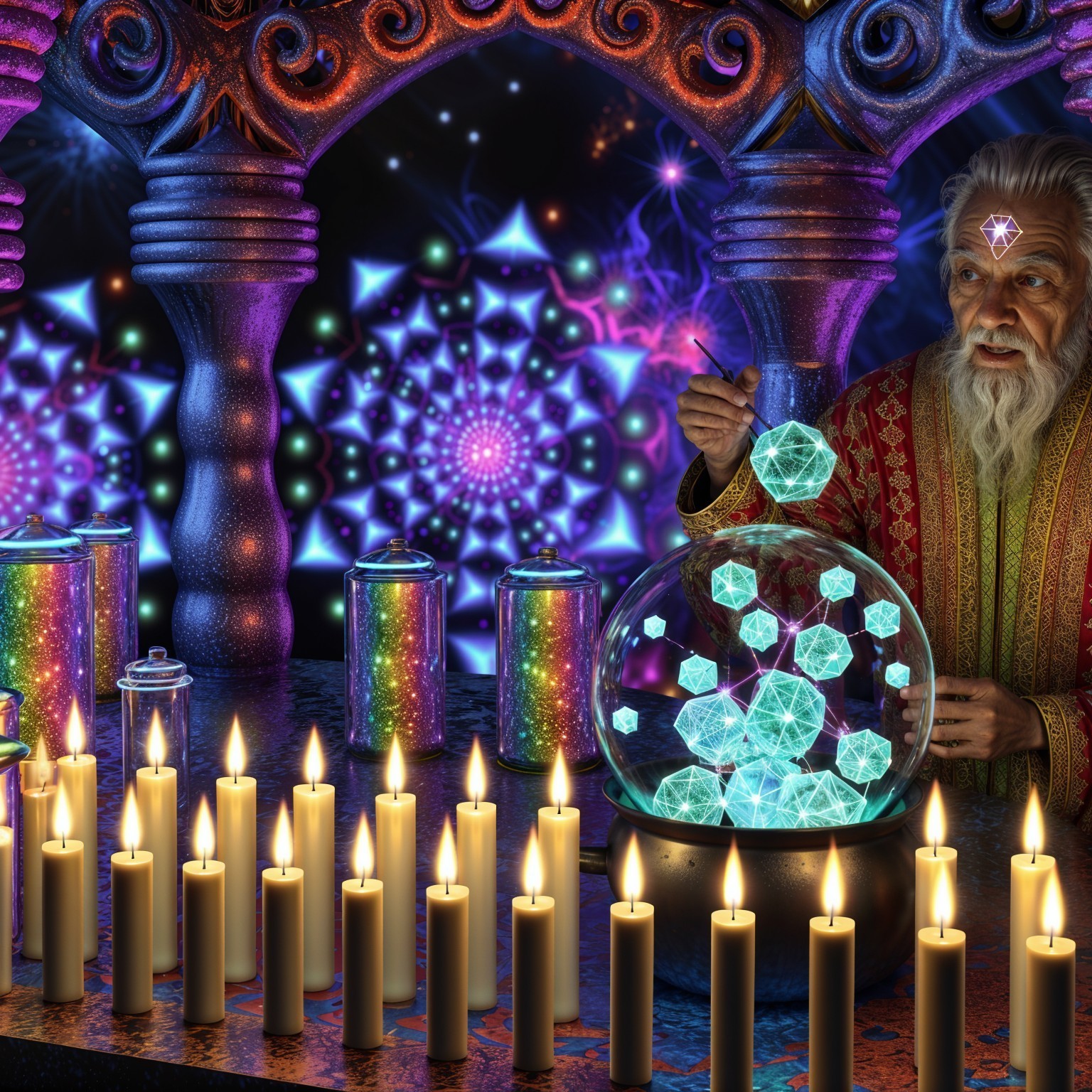 Ancient wizard manipulating glowing shapes in a mystical setting