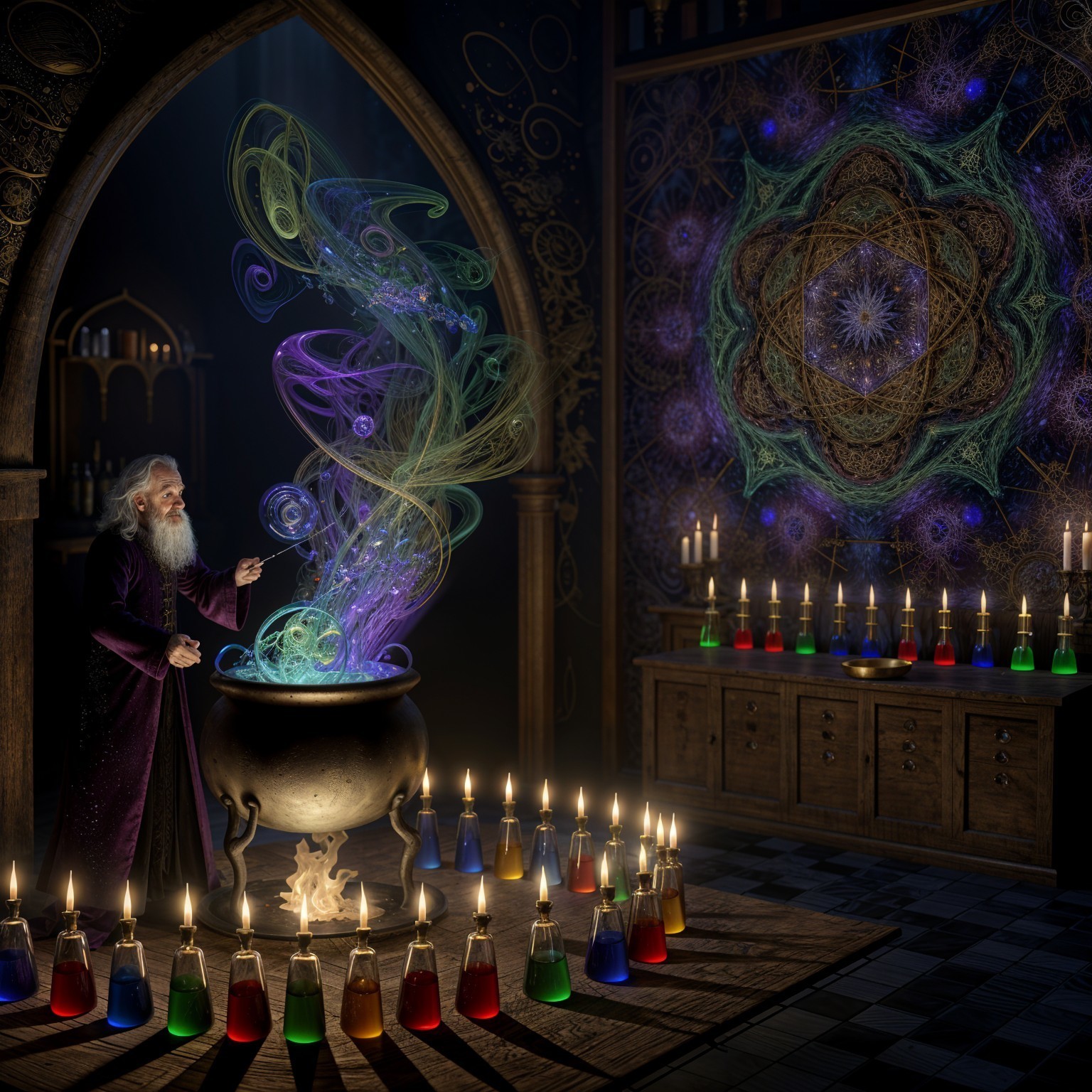 Mystical Wizard in Chamber with Colorful Cauldron