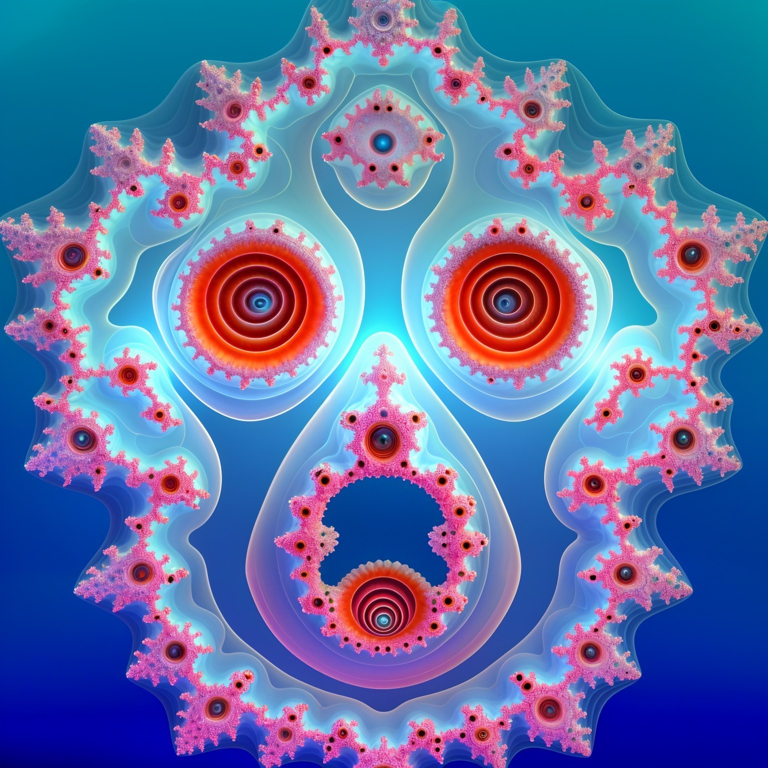 Vibrant abstract face design in pink, red, and white