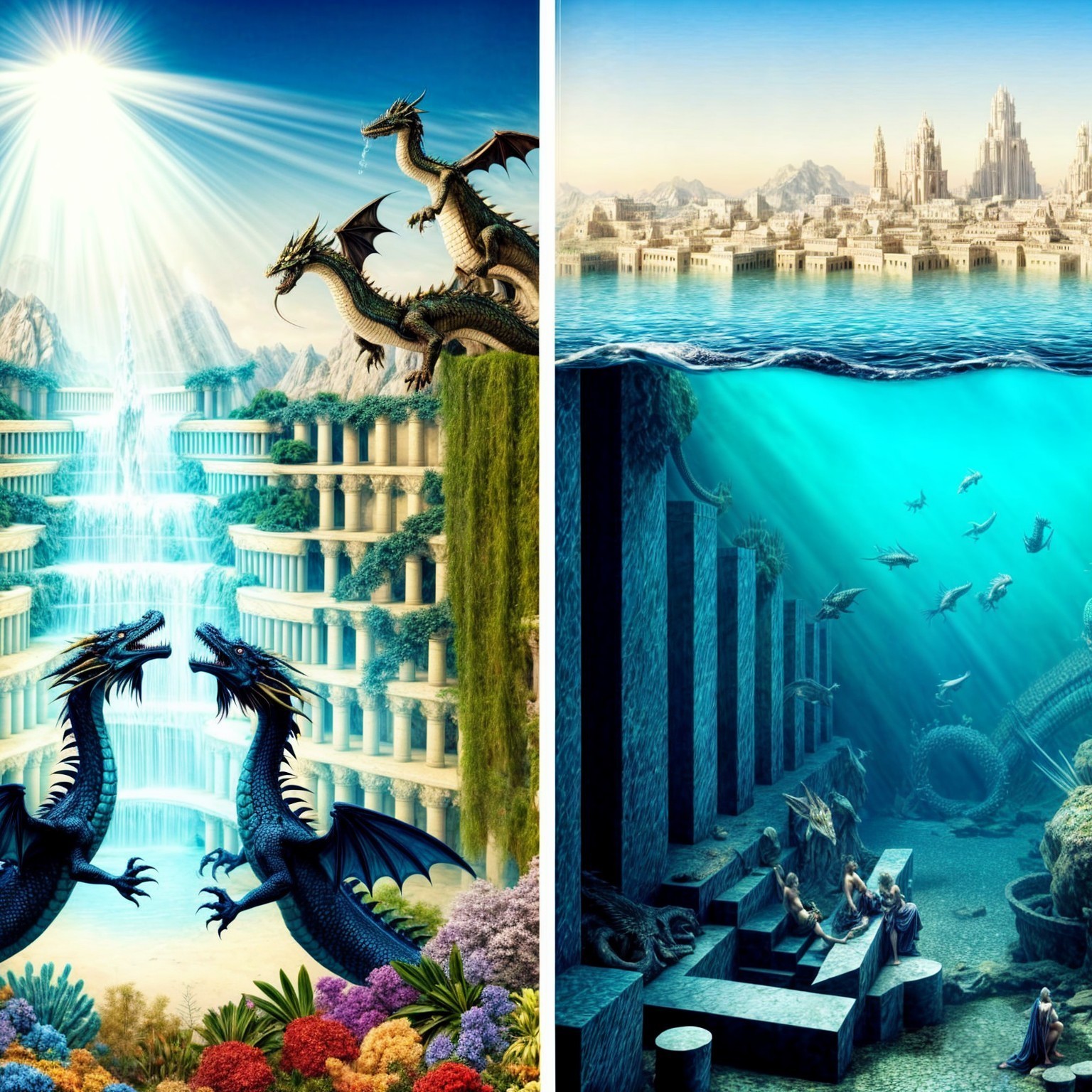 Dragons and Underwater Ruins in Vibrant Landscapes