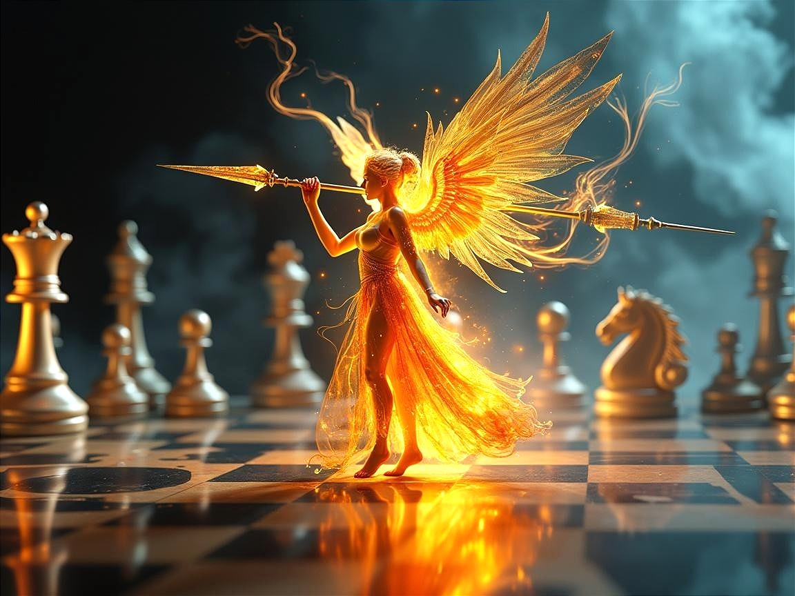 Golden-winged figure on a chessboard with pieces