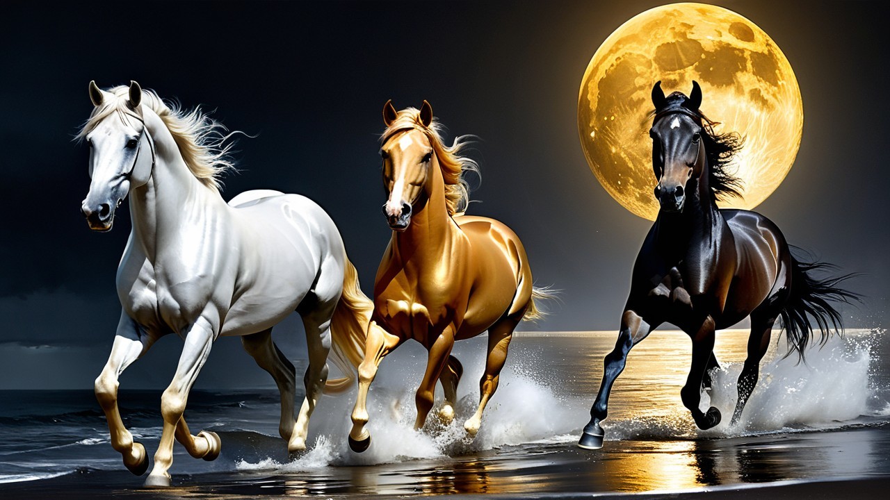 Horses Galloping on a Moonlit Shore at Night