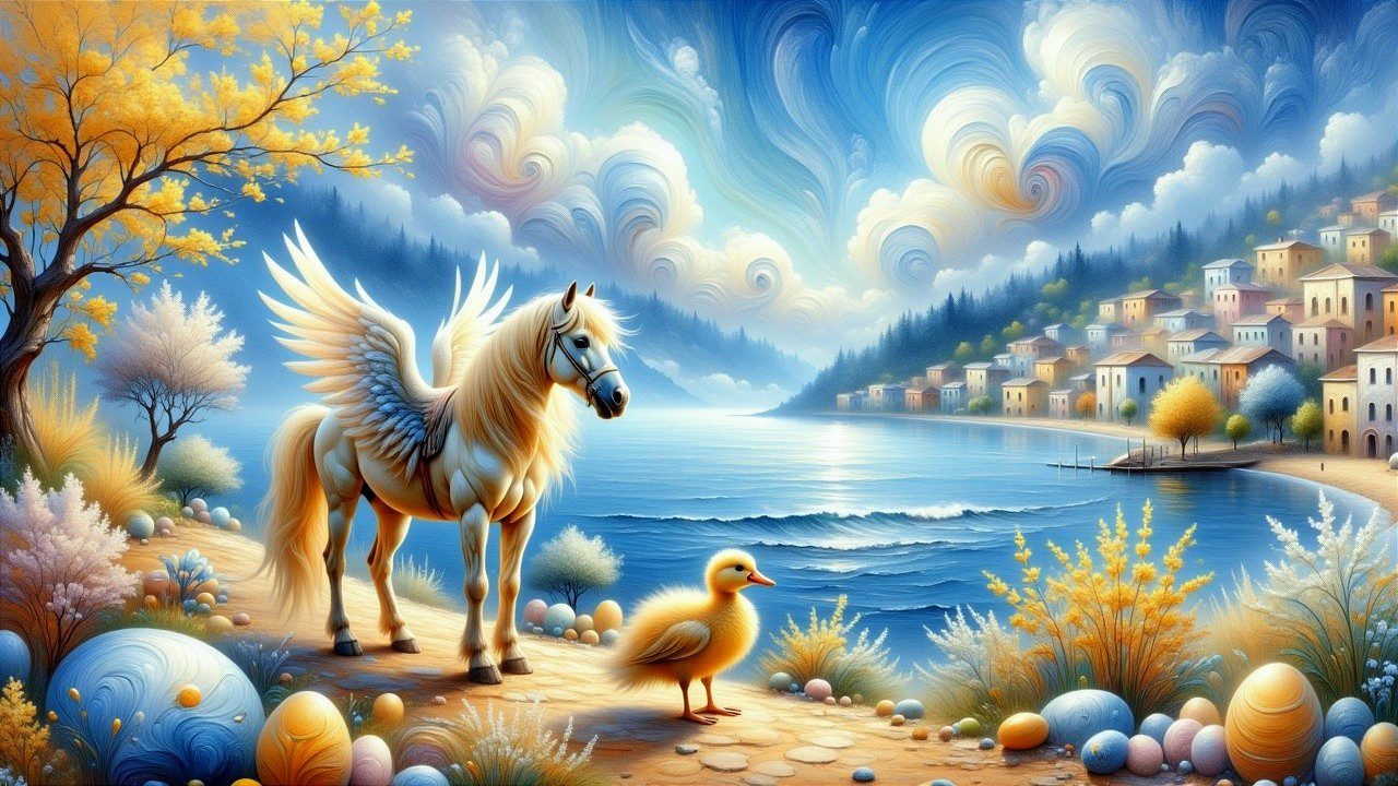 Majestic winged horse by tranquil lake with duckling