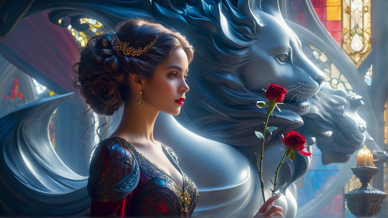 Regal Woman Beside Lion Statue in Stained Glass Light