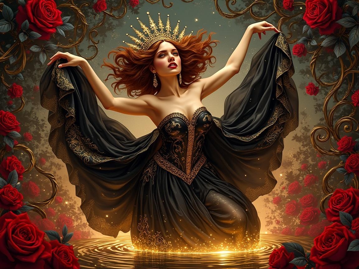Regal figure in black gown with golden patterns