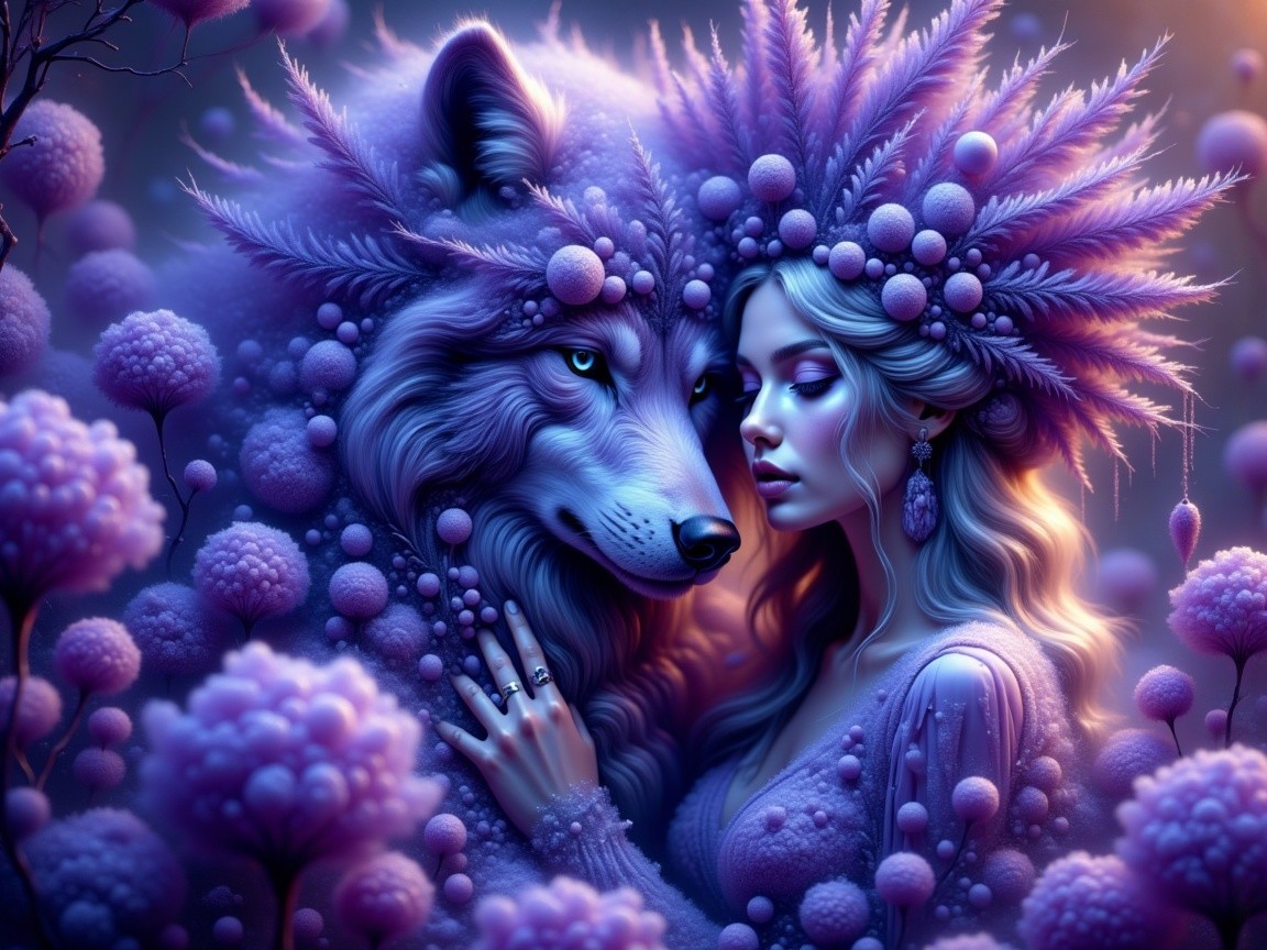 Mystical Woman and Wolf in Dreamlike Floral Scene