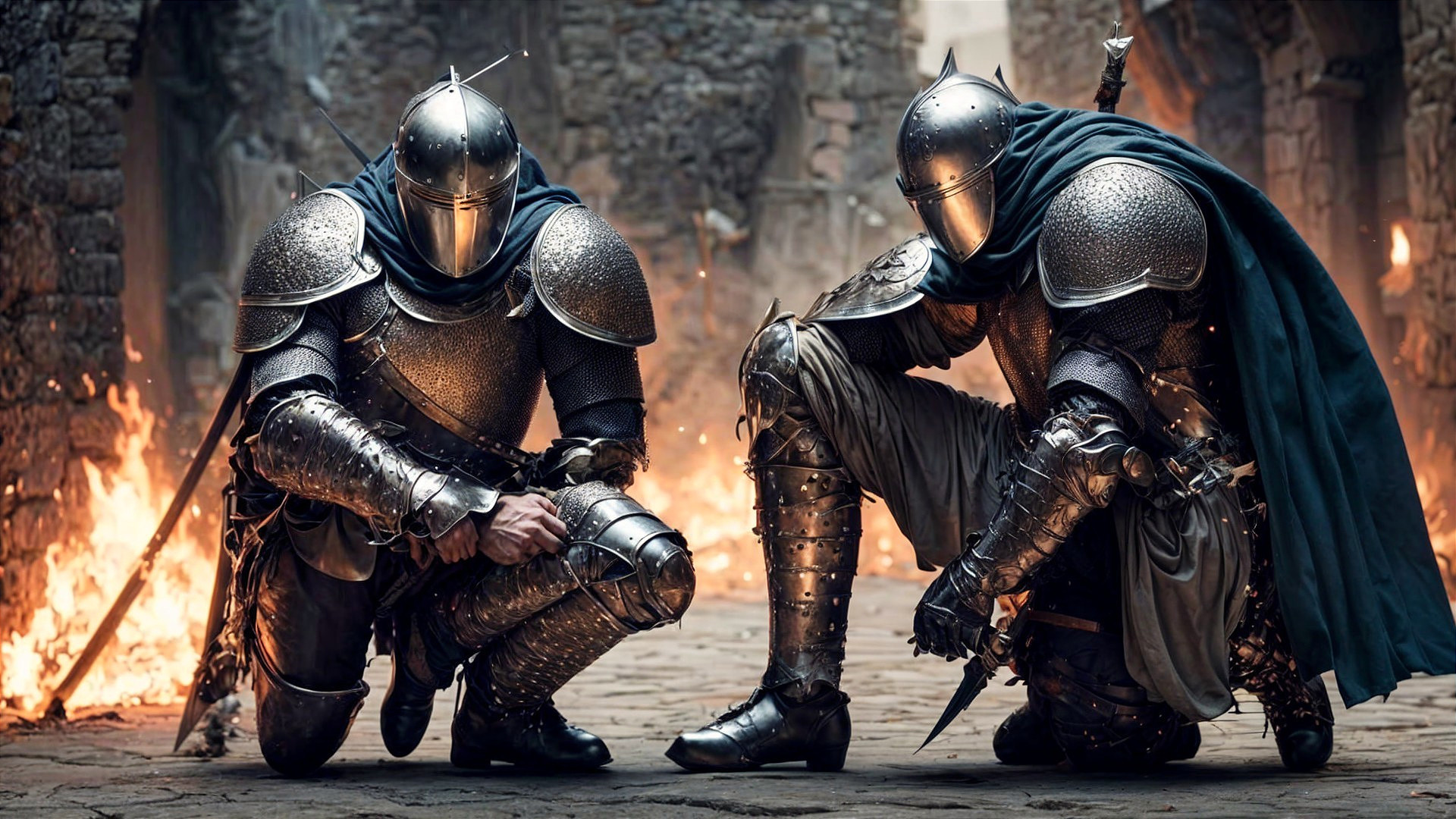 Armored Knights in Ruined Castle with Flames Background