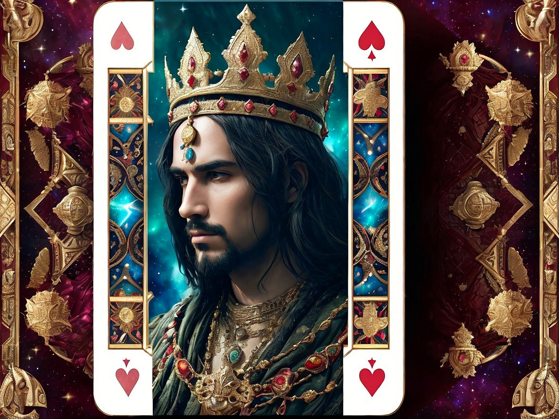 Regal figure with jeweled crown and ornate garments