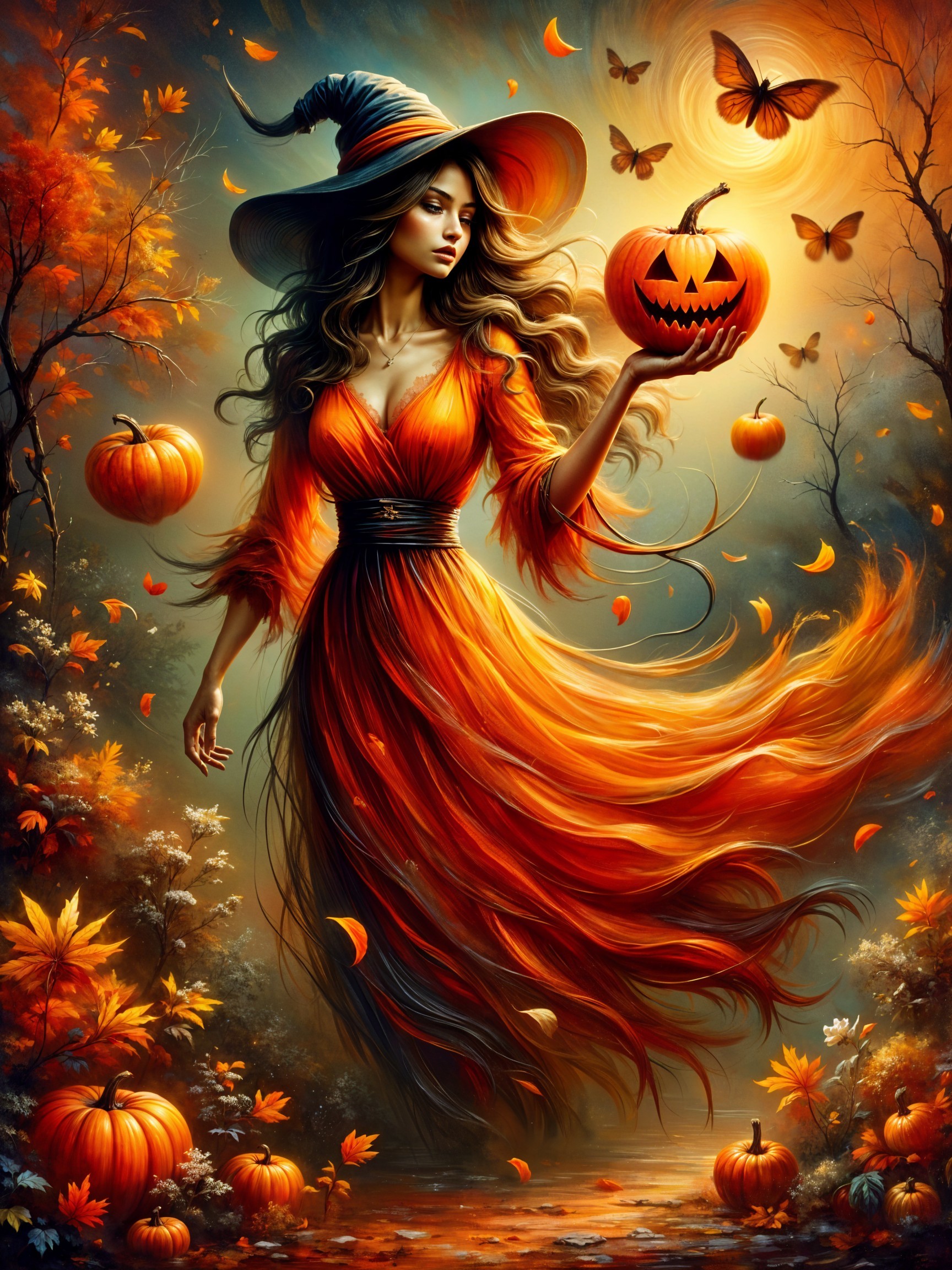 Mystical Figure in Orange Gown in Autumn Landscape
