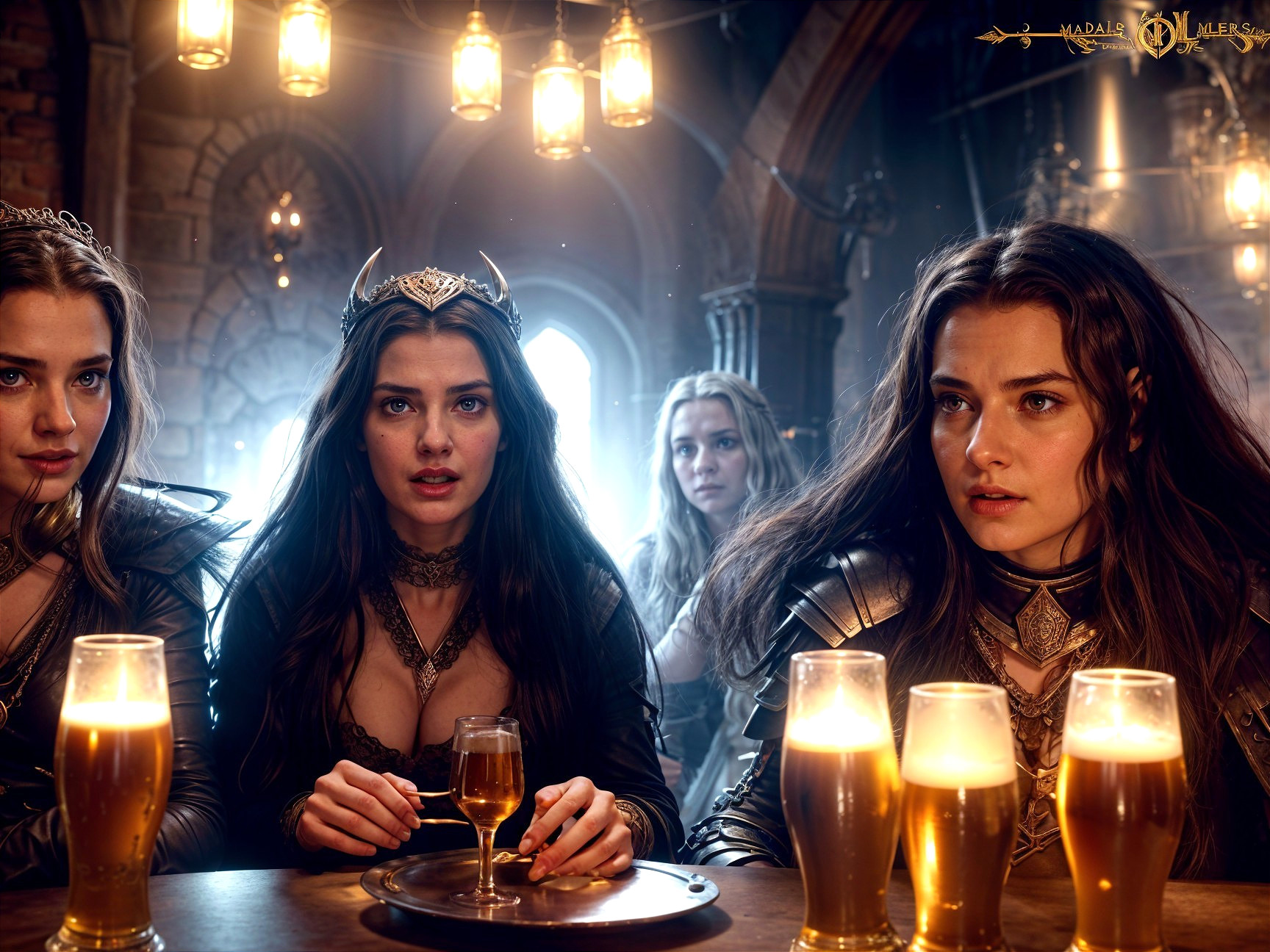 Medieval Tavern Scene with Regal Women in Armor
