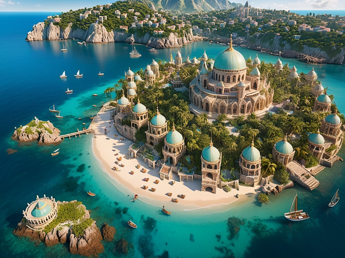 Aerial View of a Tropical Island Paradise with Architecture