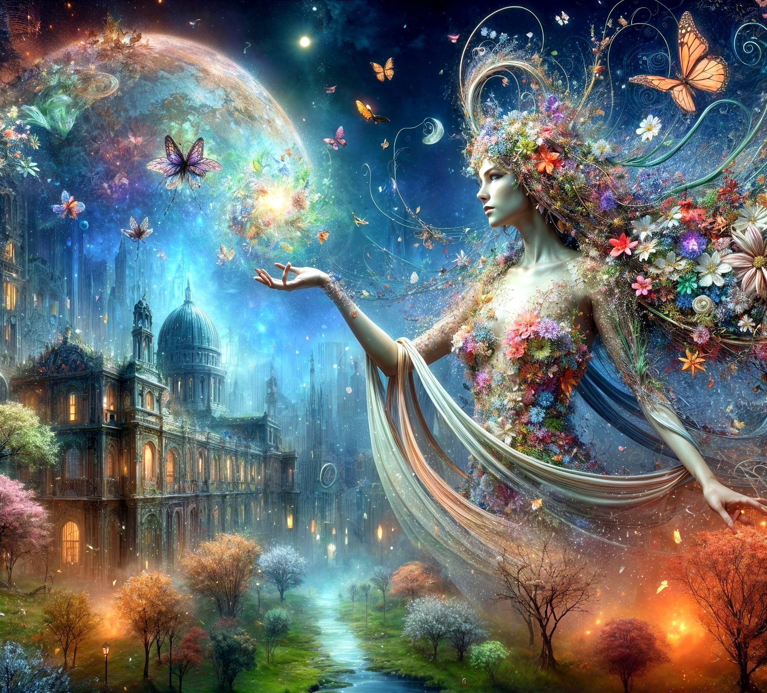 Ethereal figure in vibrant flowers within a fantasy landscape