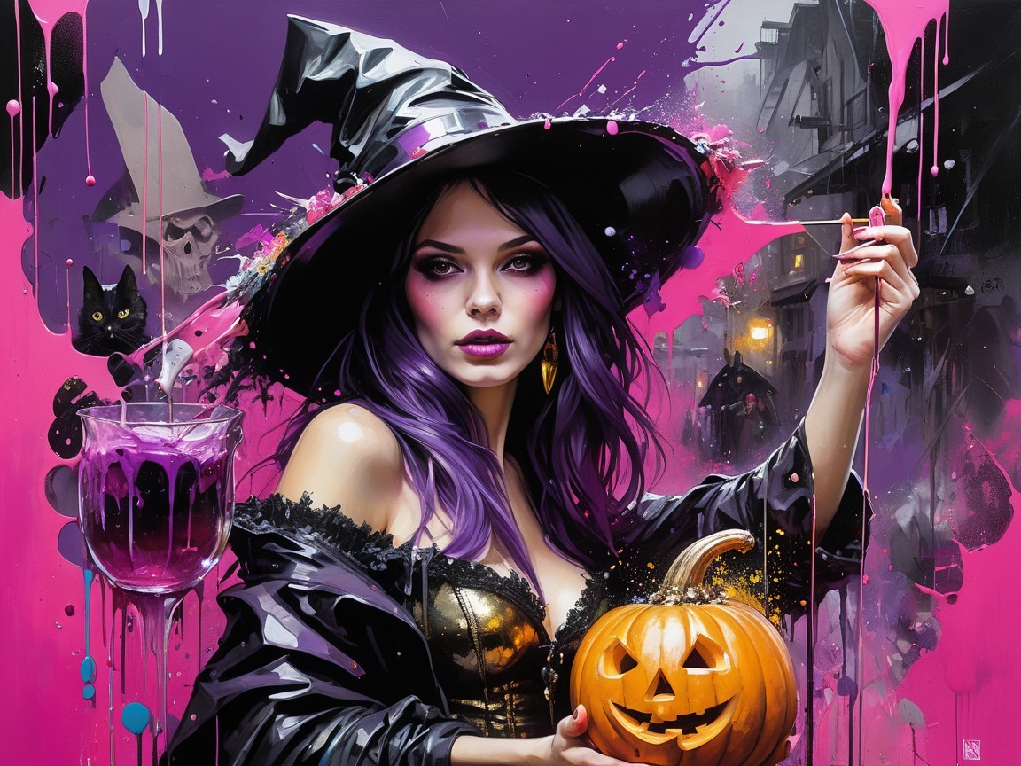 Mysterious witch in Halloween scene with pumpkin and potion