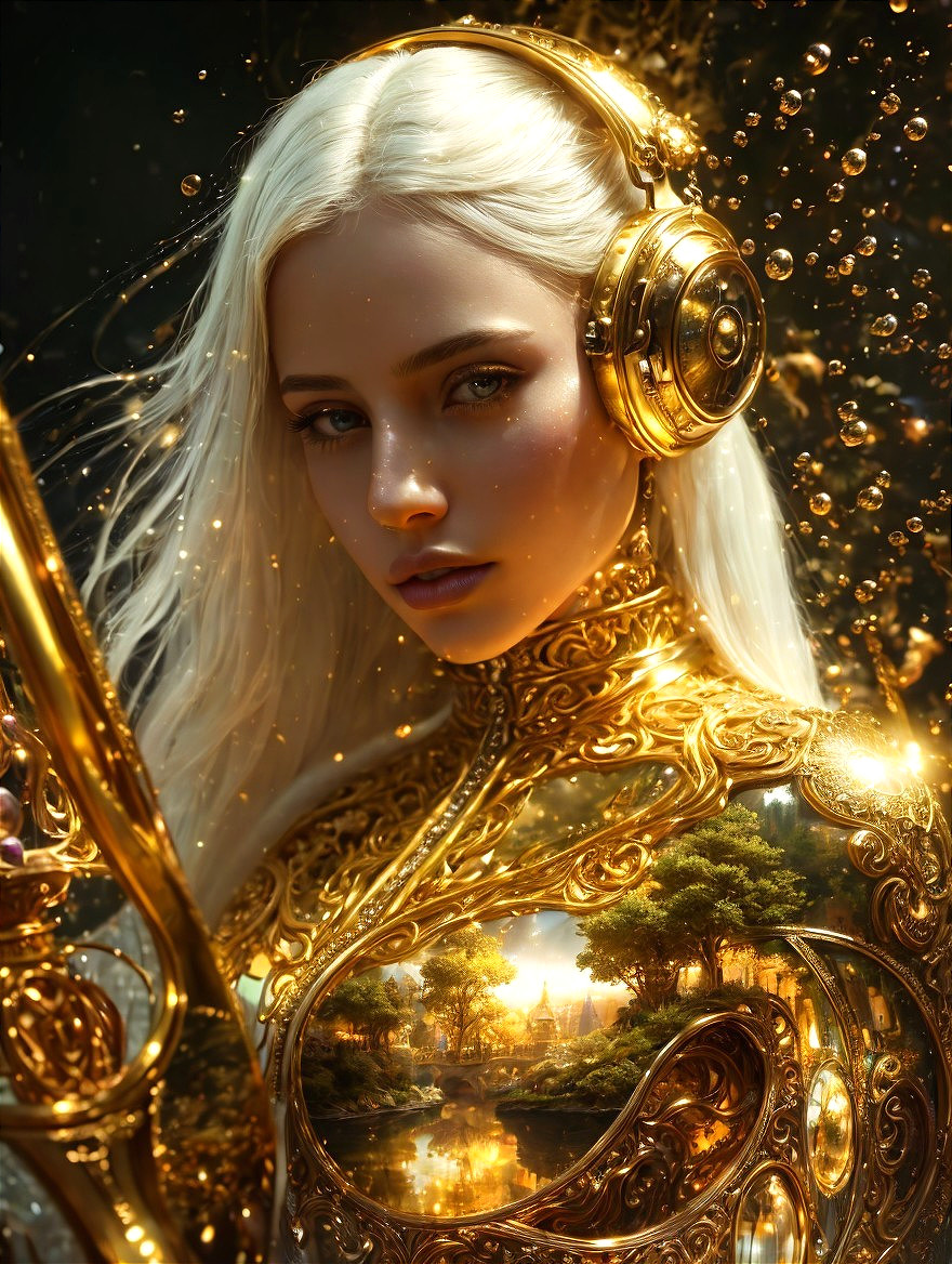 Enchanting Figure in Gold Outfit with White Hair