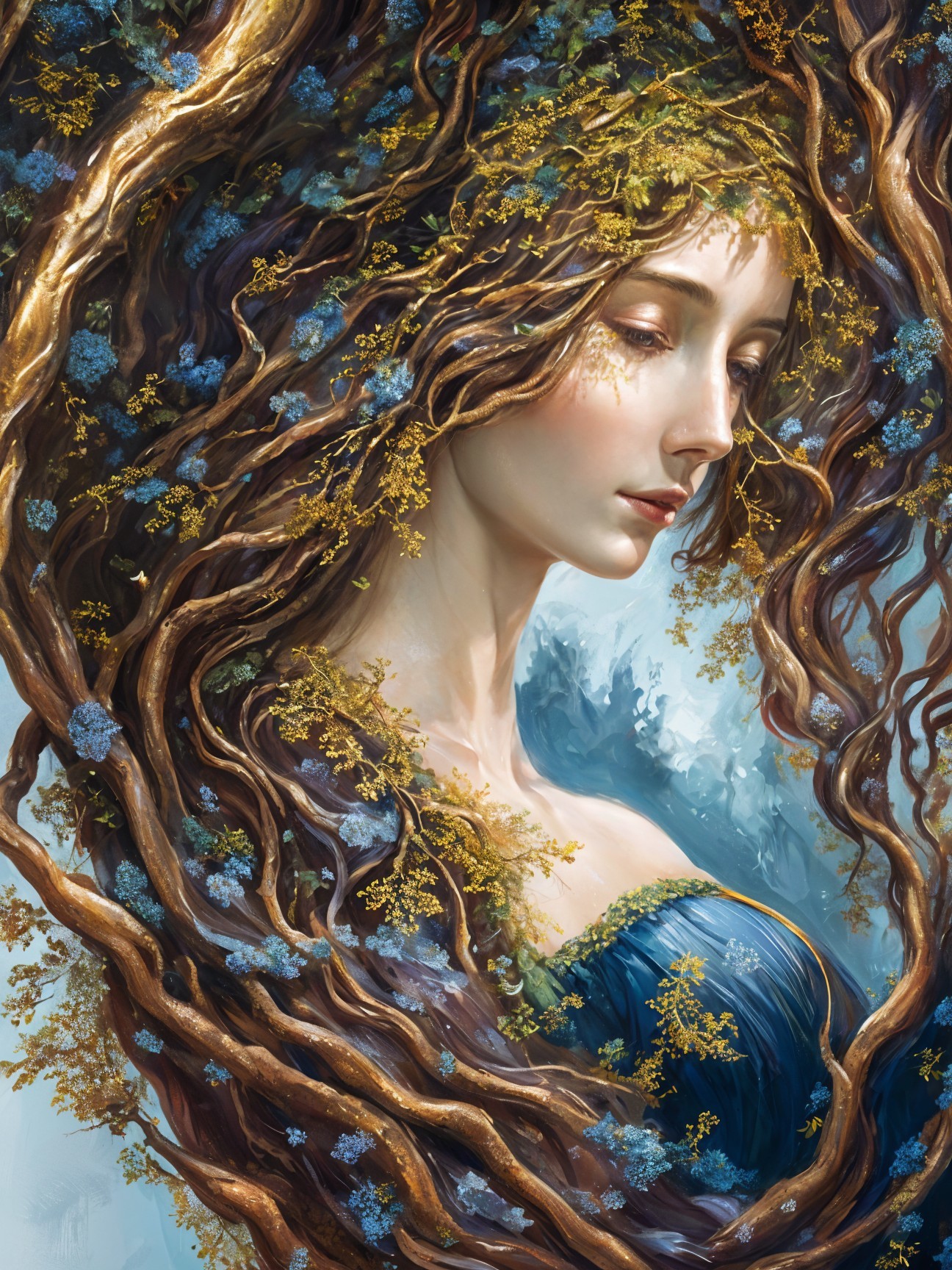 Serene Woman with Branch Hair and Floral Elements