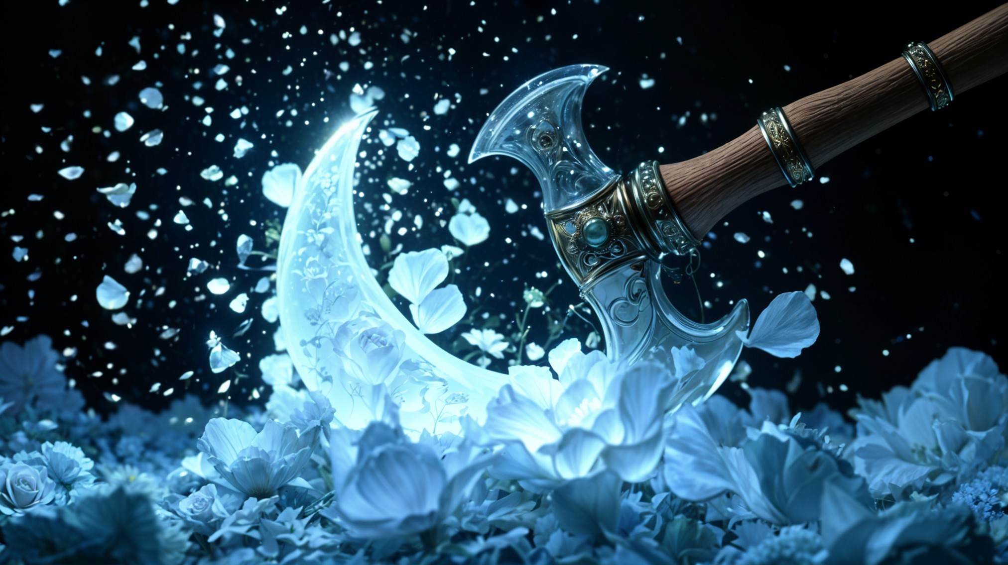 Intricately Designed Axe Surrounded by White Flowers