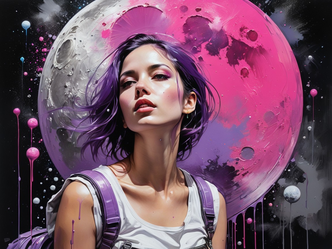 Young Woman with Purple Hair and Abstract Moon Background