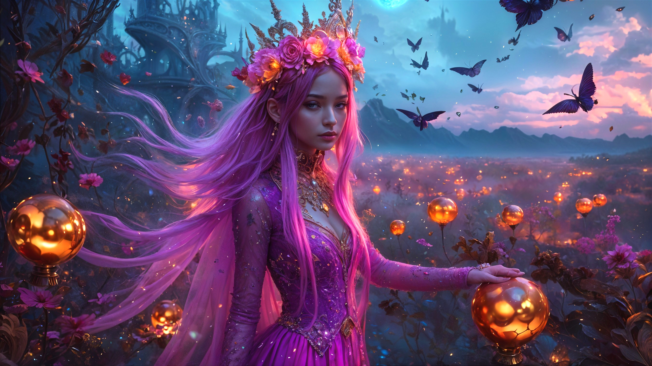 Mystical Scene of Young Woman in Vibrant Landscape