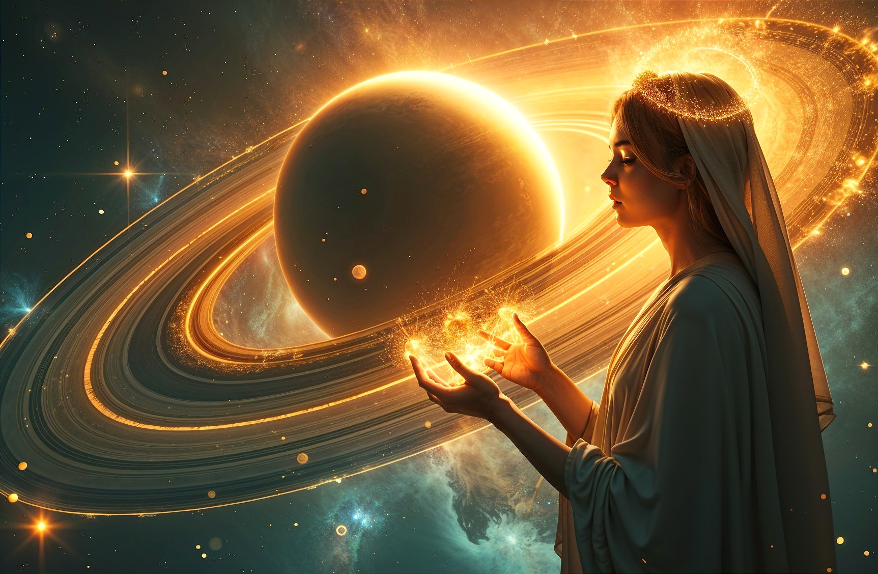 Celestial Scene of a Serene Woman with Orbs of Light