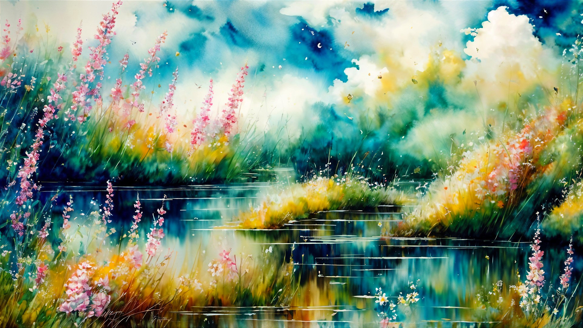 Serene Watercolor Landscape with Vibrant Colors