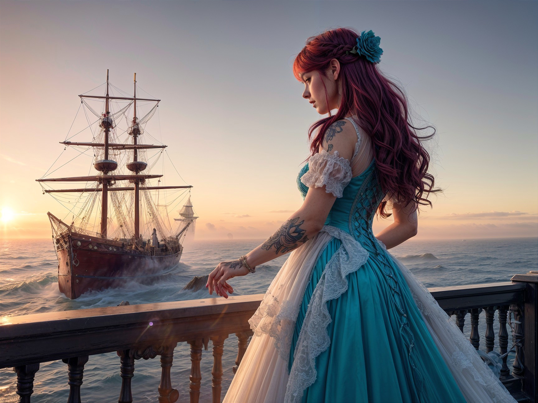 Young woman in turquoise gown on balcony at sunset