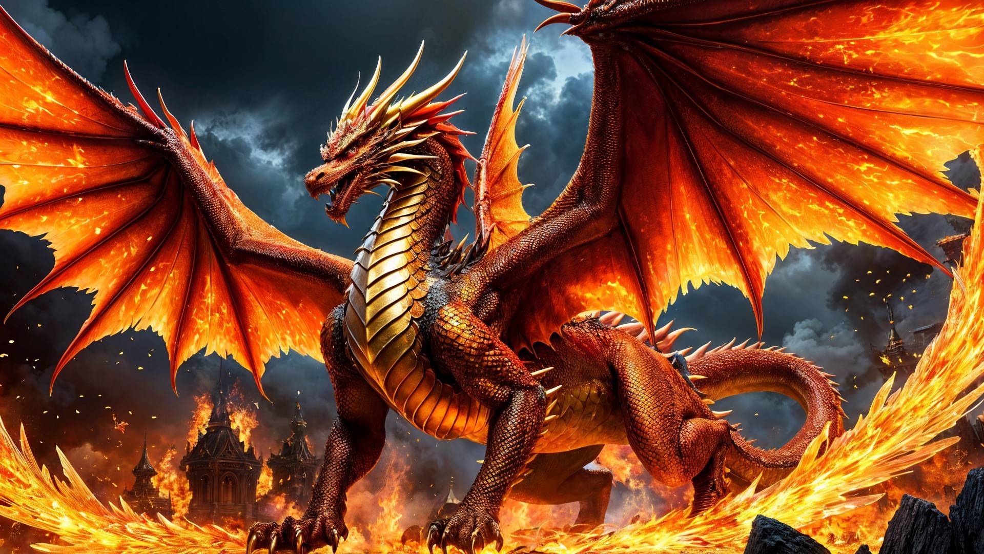 Majestic dragon in a fiery landscape with ruins