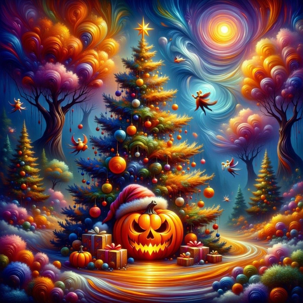 Christmas and Halloween Landscape with Tree and Pumpkin